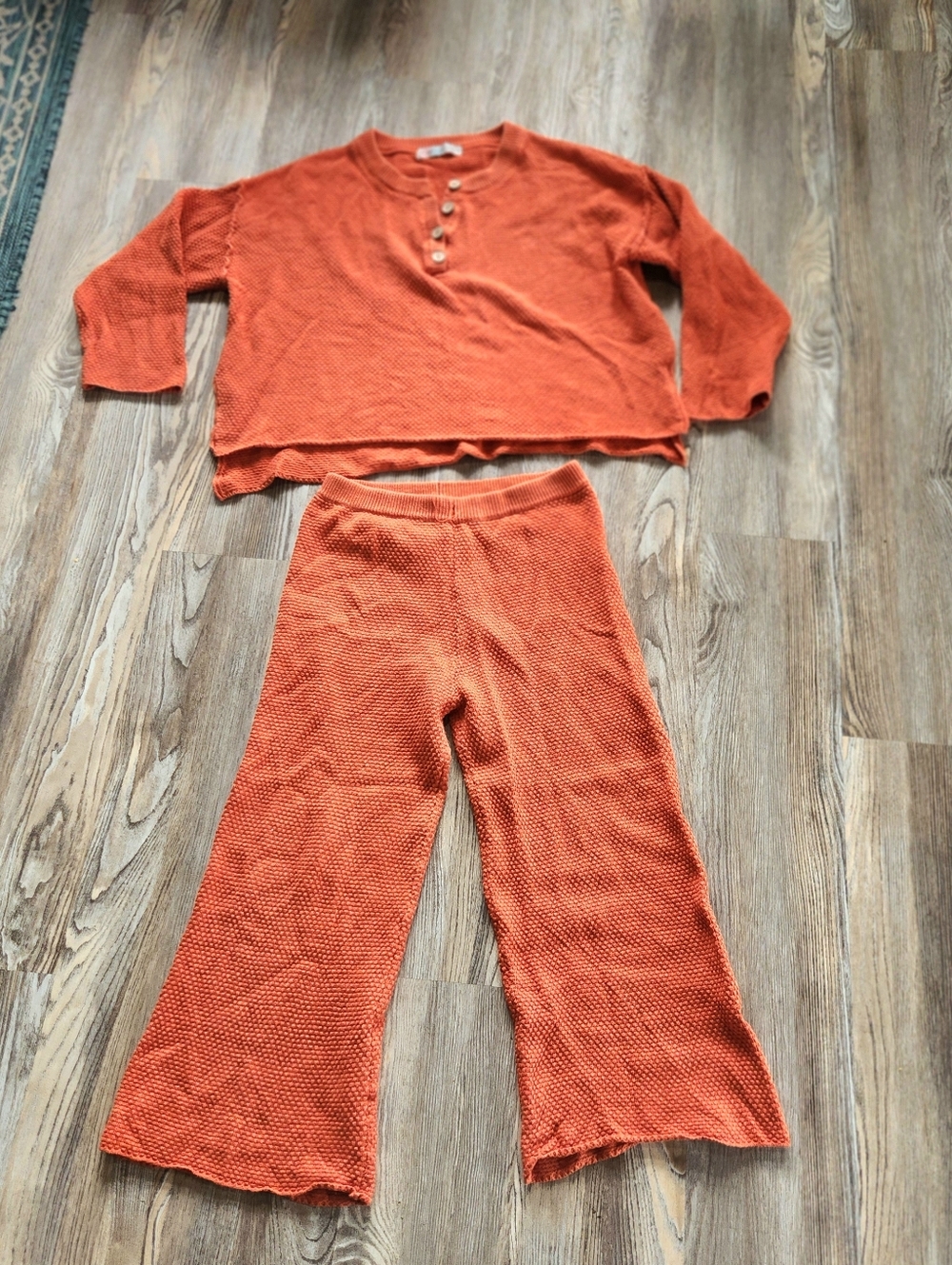 Free People Beach Hailee Waffle Knit Set Womens S Burnt Orange Wide Leg Henley - Picture 3 of 16
